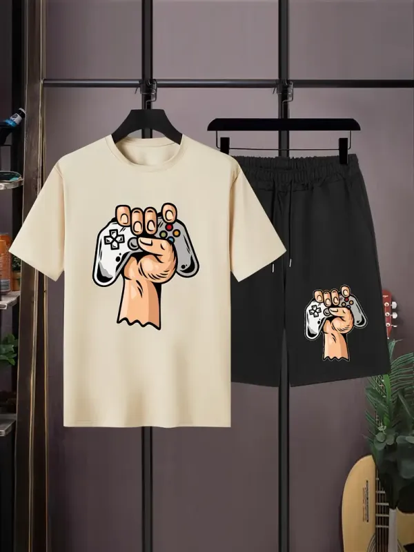 Teen_Boys'_Simple_Casual_Letter_Print_Short_Sleeve_T-Shirt_And_Shorts_Pajama_Set(Cream_+_Black)