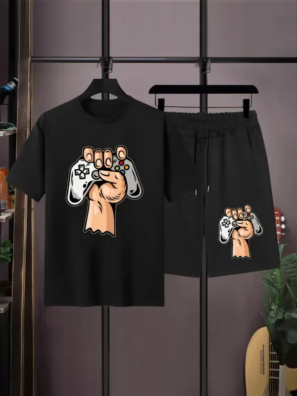 Teen_Boys'_Simple_Casual_Letter_Print_Short_Sleeve_T-Shirt_And_Shorts_Pajama_Set_(Black)