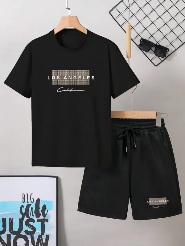 Teen_Boys'_Simple_Casual_Letter_Print_Short_Sleeve_T-Shirt_And_Shorts_Pajama_Set_(Black)