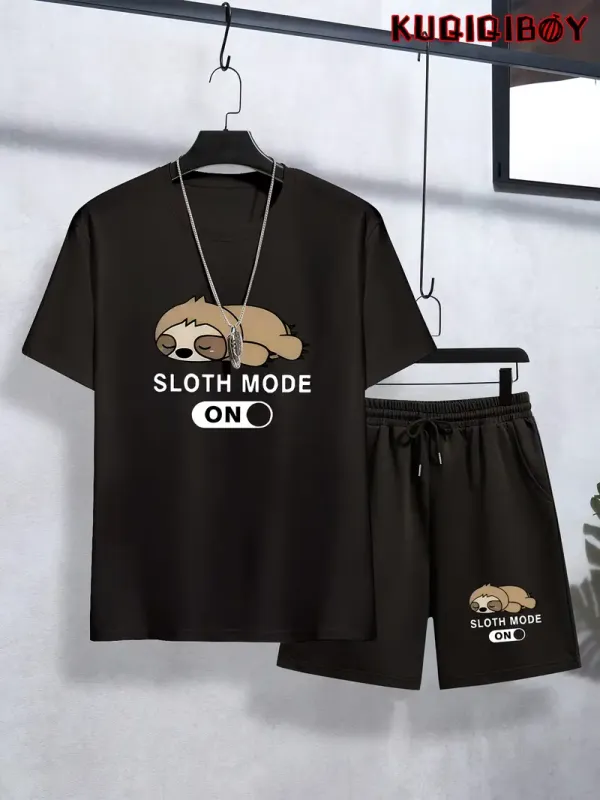 Teen_Boys'_Simple_Casual_Letter_Print_Short_Sleeve_T-Shirt_And_Shorts_Pajama_Set_(Black)