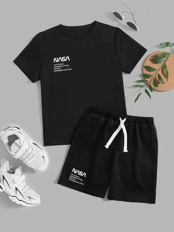 Teen_Boys'_Simple_Casual_Letter_Print_Short_Sleeve_T-Shirt_And_Shorts_Pajama_Set(BLACK)