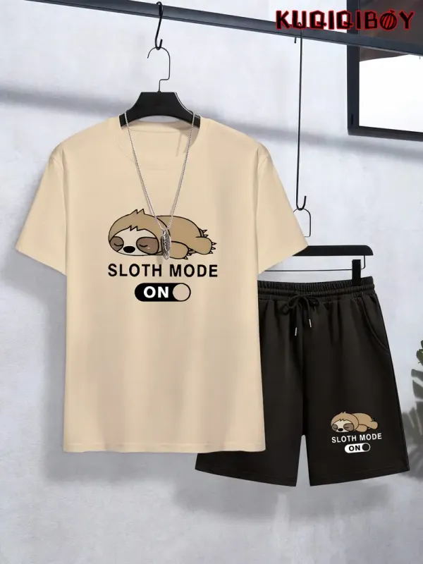 Teen_Boys'_Simple_Casual_Letter_Print_Short_Sleeve_T-Shirt_And_Shorts_Pajama_Set_(_Cream+_Black)