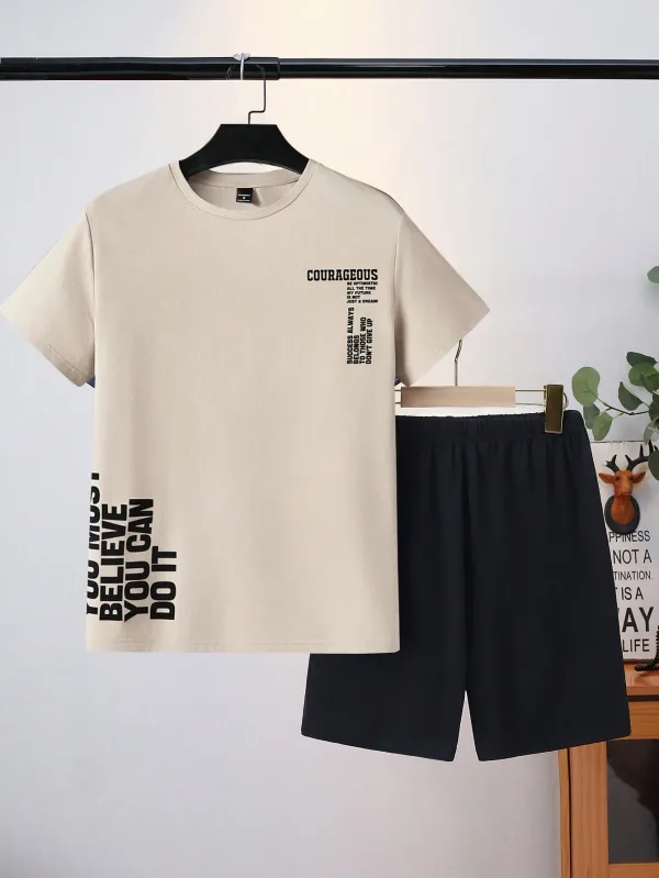Teen_Boys'_Simple_Casual_Letter_Print_Short_Sleeve_T-Shirt_And_Shorts_Pajama_Set