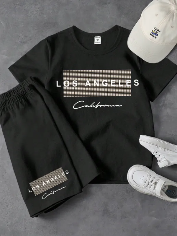 Teen_Boys'_Simple_Casual_Letter_Print_Short_Sleeve_T-Shirt_And_Shorts_Pajama_Set_(Black)
