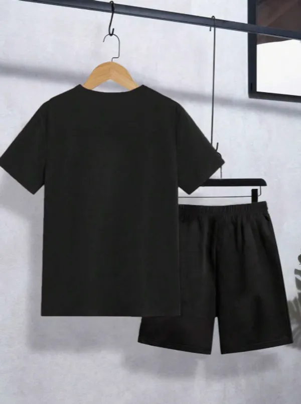 Teen_Boys'_Simple_Casual_Letter_Print_Short_Sleeve_T-Shirt_And_Shorts_Pajama_Set_(Black)
