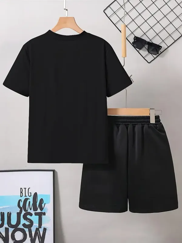 Teen_Boys'_Simple_Casual_Letter_Print_Short_Sleeve_T-Shirt_And_Shorts_Pajama_Set(BLACK)