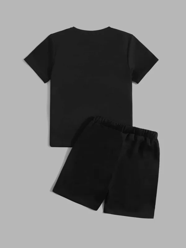 Teen_Boys'_Simple_Casual_Letter_Print_Short_Sleeve_T-Shirt_And_Shorts_Pajama_Set(BLACK)