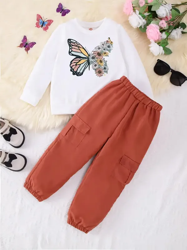 Flower_Butterfly_White_Printed_T-Shirt_and_Rust_Color_Joggeres_Set_for_Girls