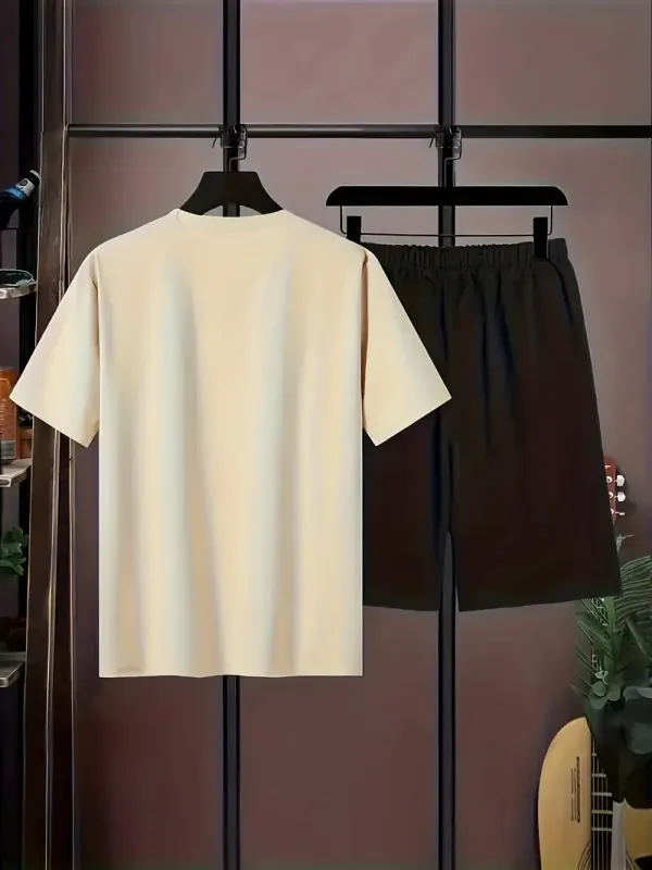 Teen_Boys'_Simple_Casual_Letter_Print_Short_Sleeve_T-Shirt_And_Shorts_Pajama_Set(Cream_+_Black)