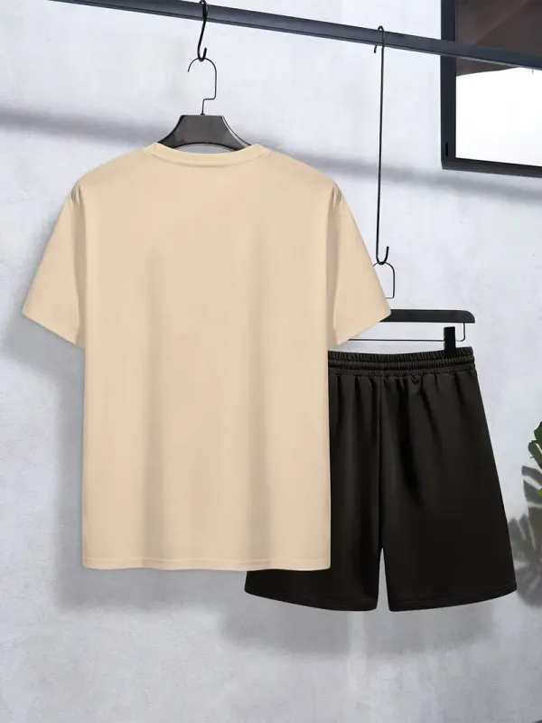 Teen_Boys'_Simple_Casual_Letter_Print_Short_Sleeve_T-Shirt_And_Shorts_Pajama_Set_(_Cream+_Black)