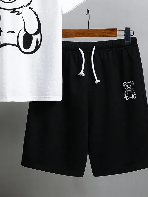 Teen_Boys'_Simple_Casual_Letter_Print_Short_Sleeve_T-Shirt_And_Shorts_Pajama_Set_(White_+_Black)