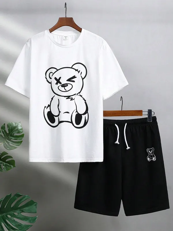 Teen_Boys'_Simple_Casual_Letter_Print_Short_Sleeve_T-Shirt_And_Shorts_Pajama_Set_(White_+_Black)