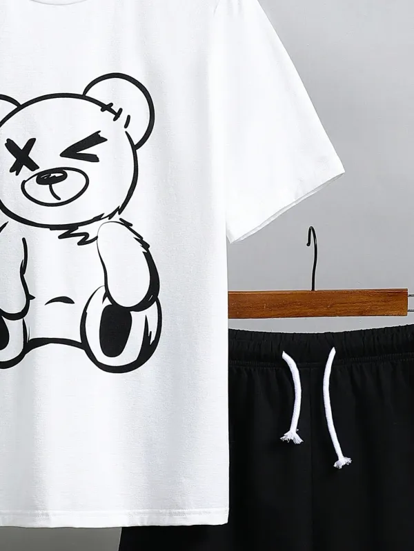 Teen_Boys'_Simple_Casual_Letter_Print_Short_Sleeve_T-Shirt_And_Shorts_Pajama_Set_(White_+_Black)