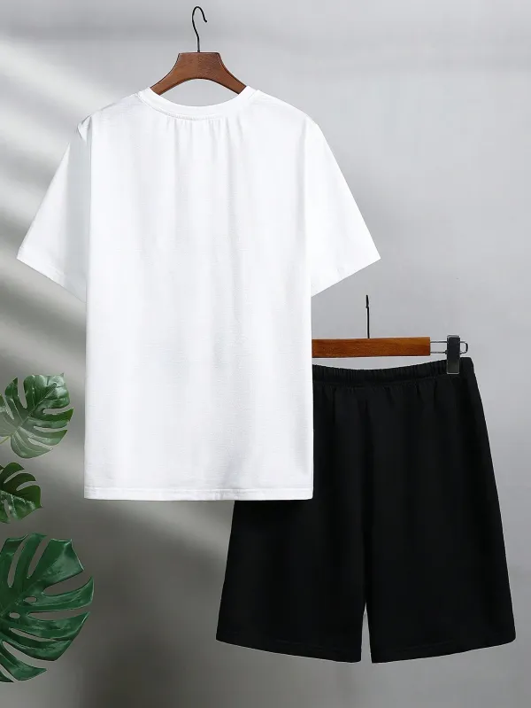 Teen_Boys'_Simple_Casual_Letter_Print_Short_Sleeve_T-Shirt_And_Shorts_Pajama_Set_(White_+_Black)