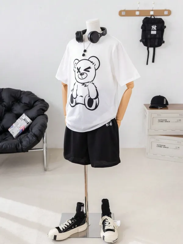 Teen_Boys'_Simple_Casual_Letter_Print_Short_Sleeve_T-Shirt_And_Shorts_Pajama_Set_(White_+_Black)