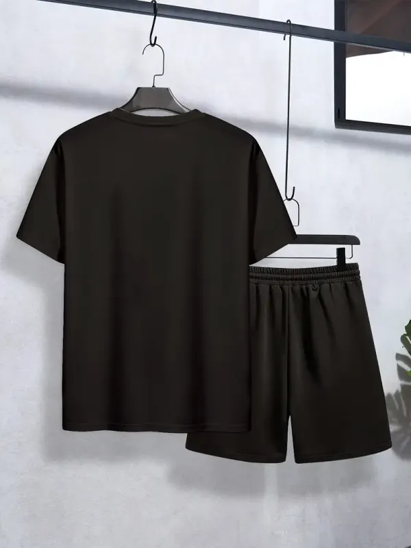 Teen_Boys'_Simple_Casual_Letter_Print_Short_Sleeve_T-Shirt_And_Shorts_Pajama_Set_(Black)