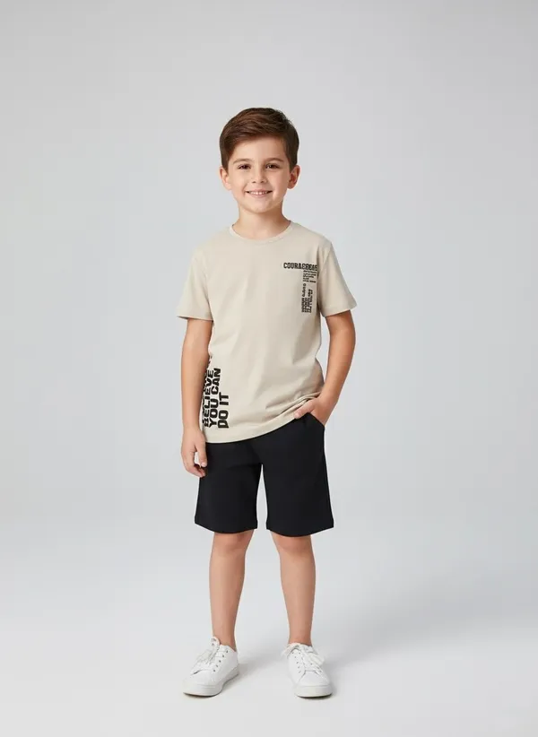 Teen_Boys'_Simple_Casual_Letter_Print_Short_Sleeve_T-Shirt_And_Shorts_Pajama_Set