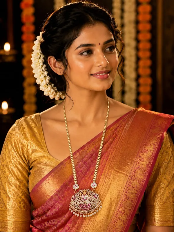 Traditional_Gold_Finish_Lakshmi_Temple_Pendant_Necklace_with_Ruby_&_White_Stones
