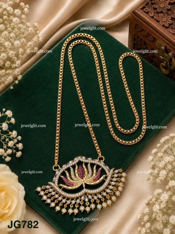 TRADITIONAL_LOTUS_DESIGN_GOLD-PLATED_LONG_PENDANT_NECKLACE_WITH_CZ_&_PEARL_DROPS_FOR_WOMEN_&_GIRLS