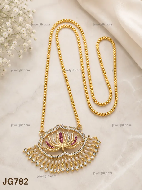 TRADITIONAL_LOTUS_DESIGN_GOLD-PLATED_LONG_PENDANT_NECKLACE_WITH_CZ_&_PEARL_DROPS_FOR_WOMEN_&_GIRLS