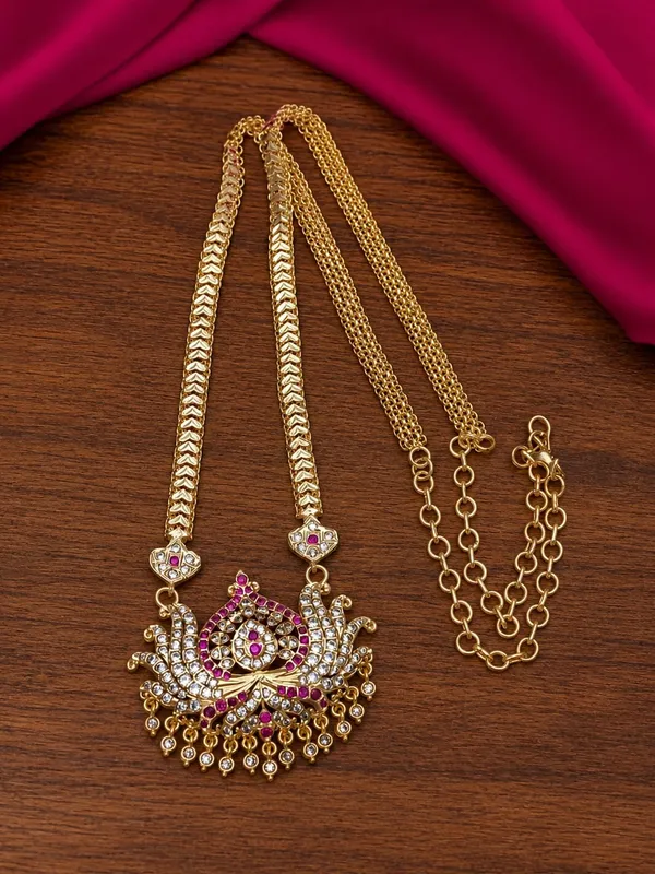 Traditional_Gold_Finish_Peacock_And_Lotus__Design_Pendant_Necklace_with_Ruby_&_White_Stones