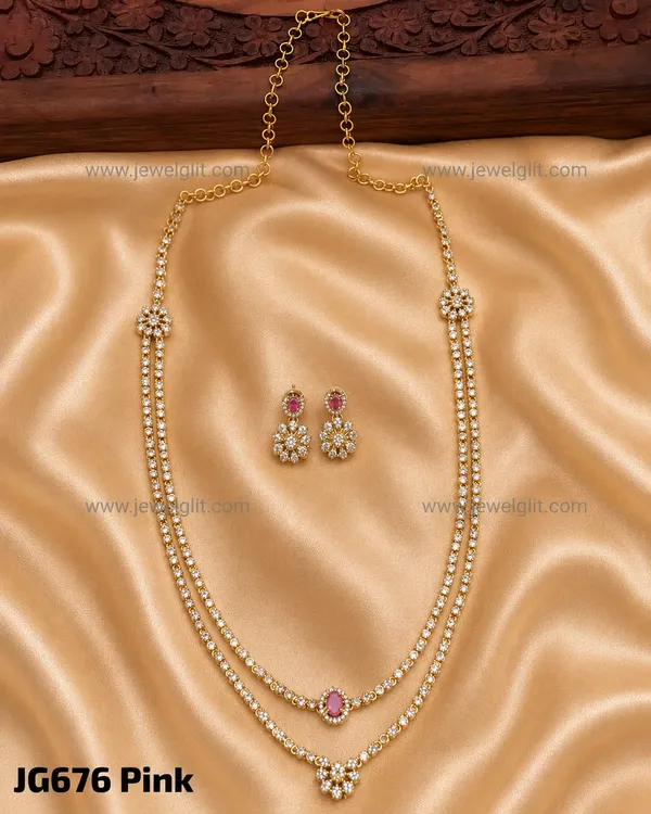 Gold_Plated_Double-Layer_American_Diamond_Long_Haram_Necklace_And_Earring