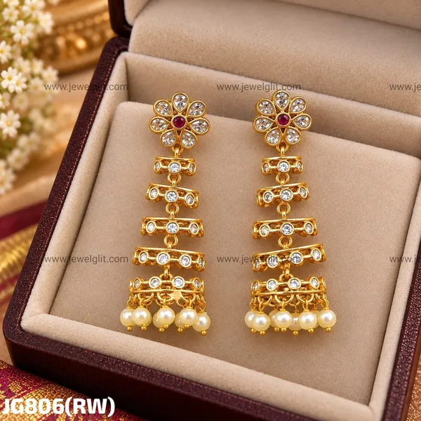 Gold-Plated_Floral_American_Diamond_&_Pearl_Drop_Earrings