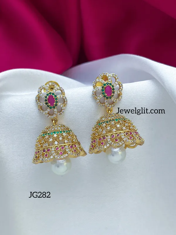 Matte_American_Diamond_Stone_Flower_Jhumka.
