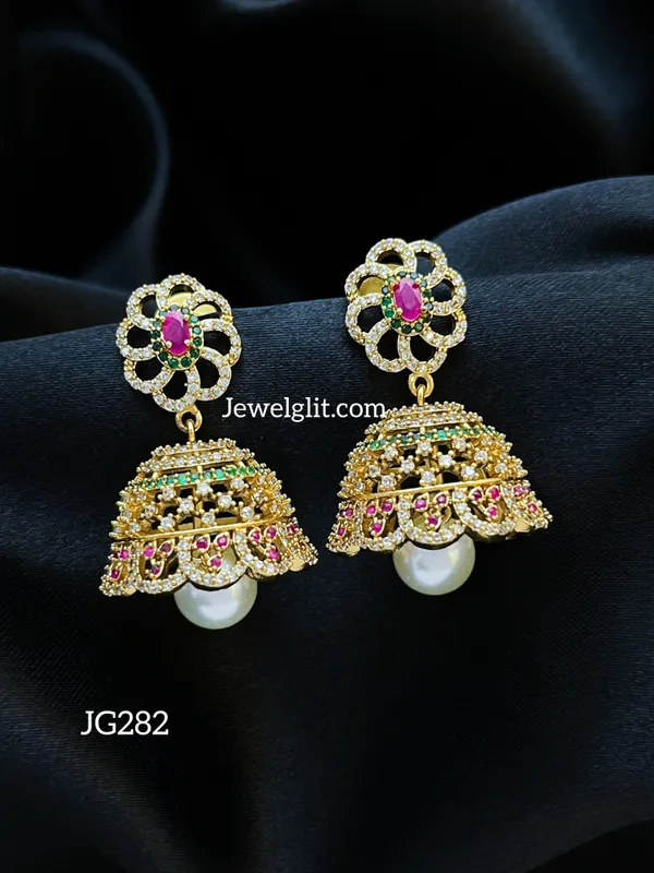 Matte_American_Diamond_Stone_Flower_Jhumka.