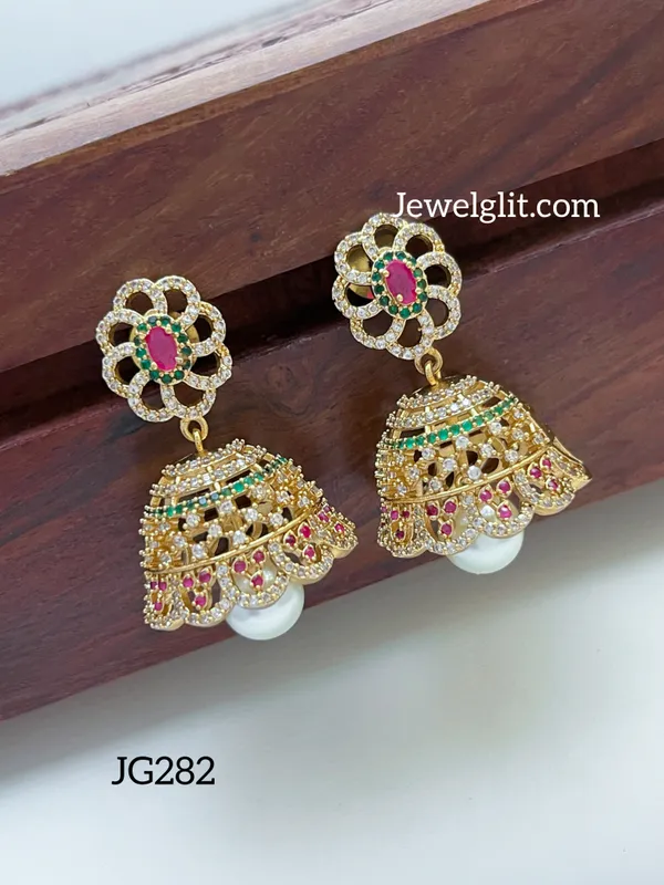 Matte_American_Diamond_Stone_Flower_Jhumka.