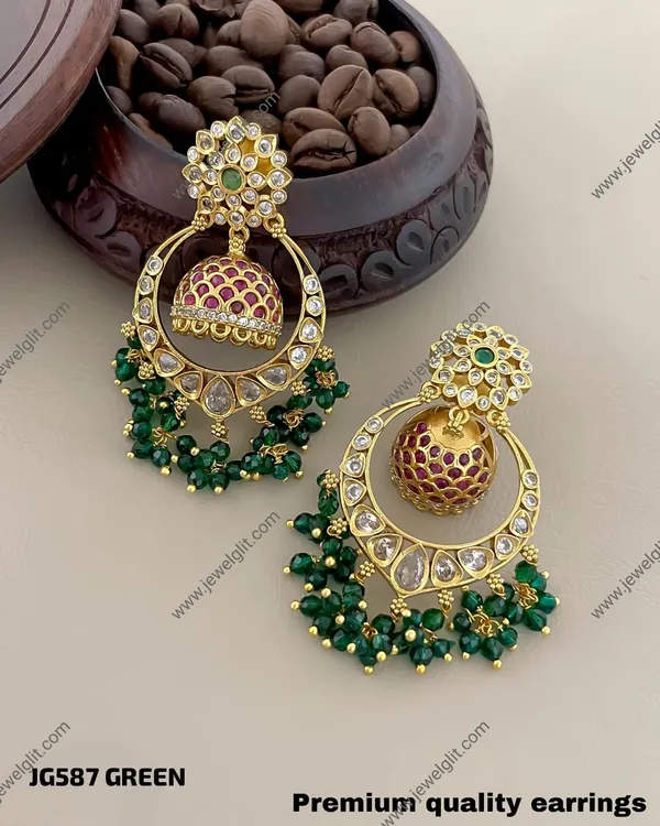 Premium_Antique_Gold_Finish_Emerald_Beads_Chandbali_Jhumka_Earrings