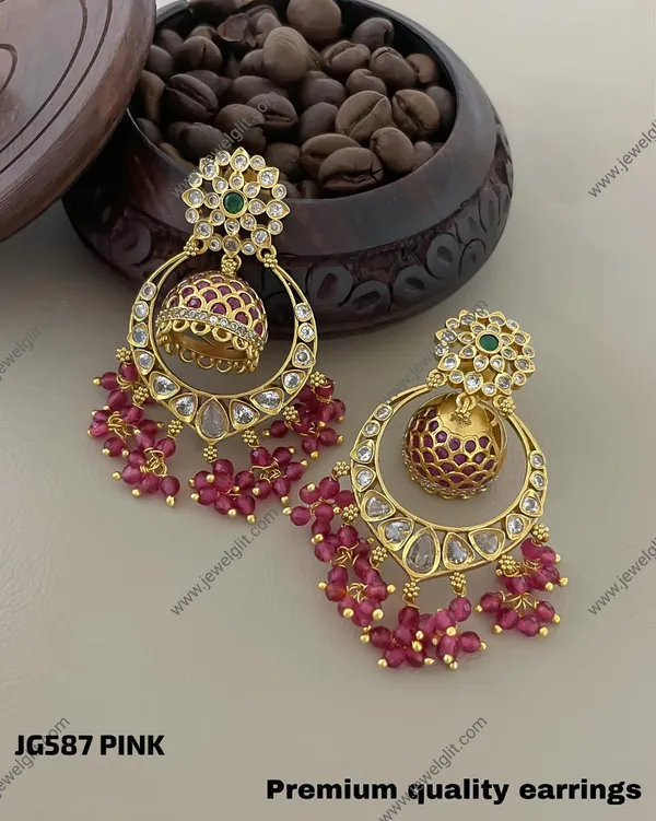 Premium_Antique_Gold_Finish_Emerald_Beads_Chandbali_Jhumka_Earrings