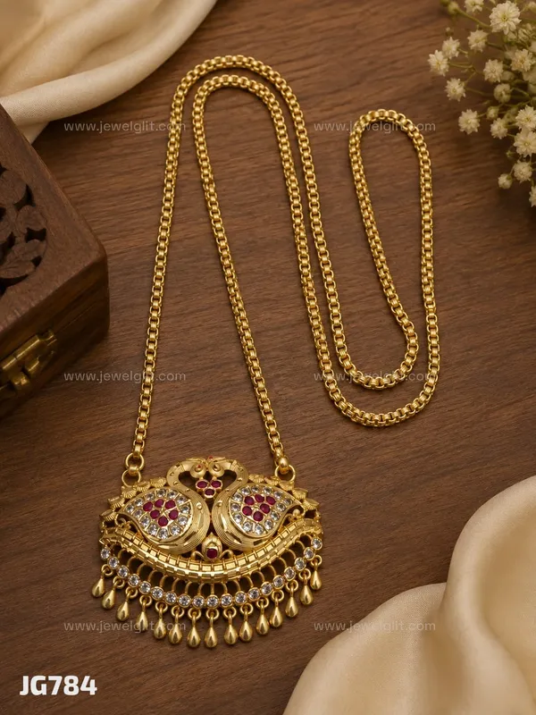 TRADITIONAL_PEACOCK_DESIGN_GOLD-PLATED_LONG_PENDANT_AND_CHAIN_WITH_CZ_&_RUBY_STONES_FOR_WOMEN_&_GIRLS