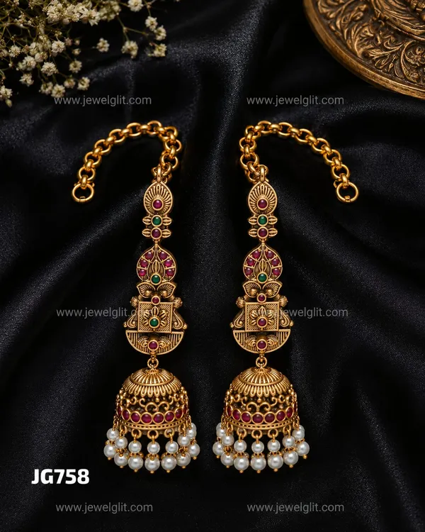 Impon_Microplated_Antique_Gold_Finish_Temple_Jhumka_Earrings_with_Ear_Chain