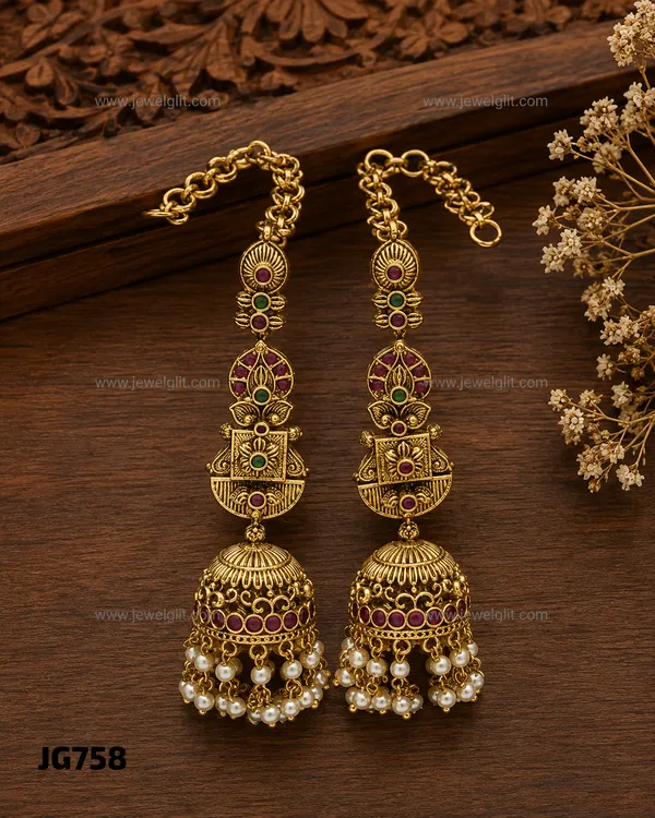 Impon_Microplated_Antique_Gold_Finish_Temple_Jhumka_Earrings_with_Ear_Chain