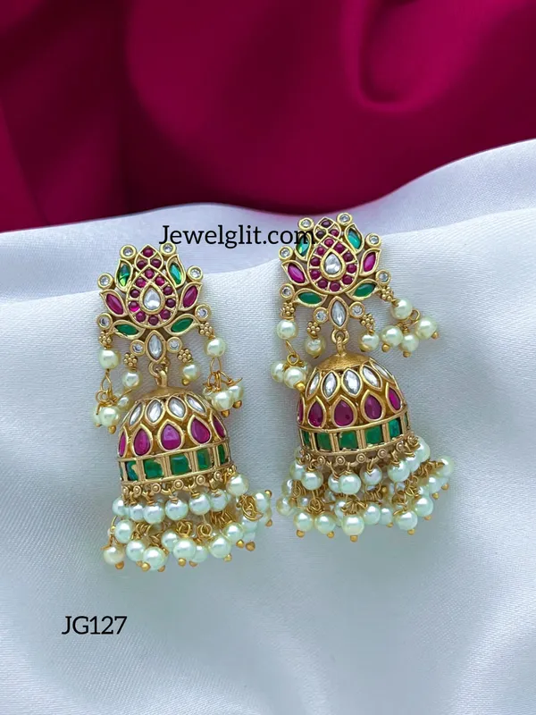 Jewel Glit Traditional Kemp Lotus Stone Pearl Jhumka Price in India Buy Jewel Glit Traditional Kemp Lotus Stone Pearl Jhumka online at undefined