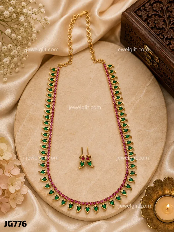 Elegant_Green_Leaf_Pink_Stone_Necklace_Set_|_Traditional_Gold-Plated_Jewellery_for_Women