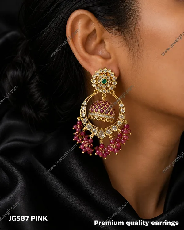 Premium_Antique_Gold_Finish_Emerald_Beads_Chandbali_Jhumka_Earrings