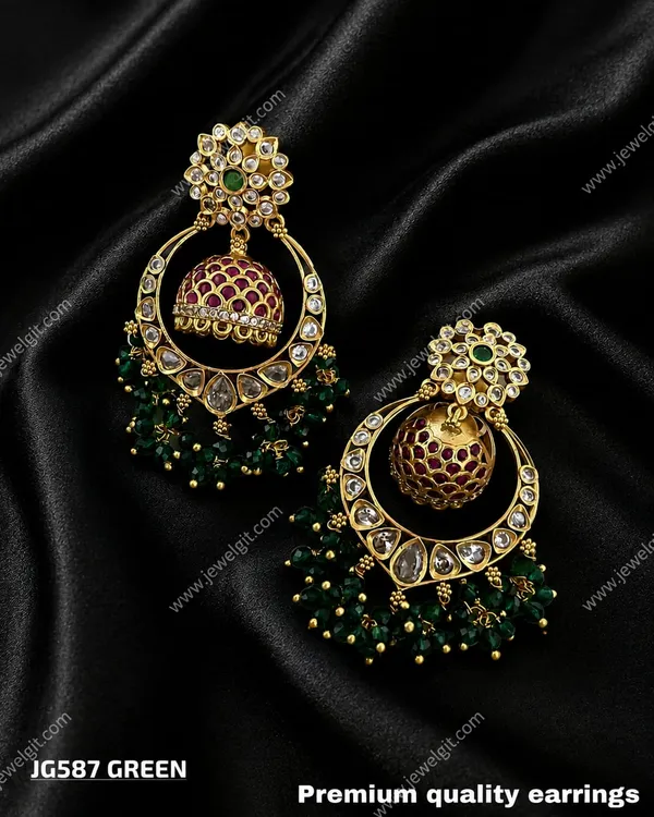 Premium_Antique_Gold_Finish_Emerald_Beads_Chandbali_Jhumka_Earrings