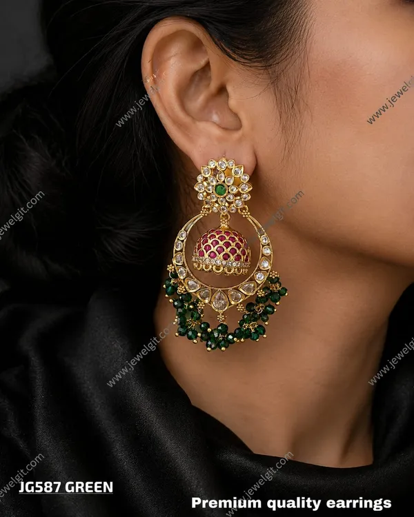 Premium_Antique_Gold_Finish_Emerald_Beads_Chandbali_Jhumka_Earrings