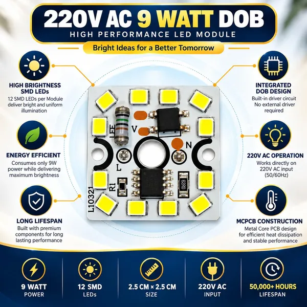 9_Watt_DOB_LED_Module_(10_Pieces)_220V_AC_Alpha_Driverless_MCPCB_Board_with_12_SMD_Chips_Super_Bright_Cool_White_Integrated_Circuit_for_Bulb_Repair_Spare_Parts_and_DIY_Lighting_Projects