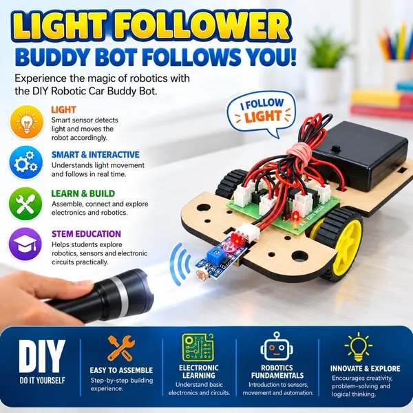 DIY_Light_Chaser_Buddy_Bot_Light_Follower_Smart_Robotic_Car_Ldr_Sensor_Based_Science_Experiment_Project_Working_Model_STEM_Educational_Learning_Toy_Kit_for_School_Kids_and_Students