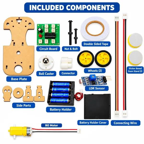 DIY_Light_Chaser_Buddy_Bot_Light_Follower_Smart_Robotic_Car_Ldr_Sensor_Based_Science_Experiment_Project_Working_Model_STEM_Educational_Learning_Toy_Kit_for_School_Kids_and_Students