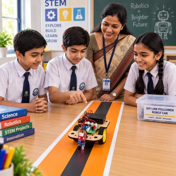 DIY_Line_Follower_Buddy_Robot_Car_with_Black_Line_Track_IR_Sensor_Based_Smart_Robotics_Science_Experiment_Project_Working_Model_STEM_Educational_Kit_for_School_Kids_and_Students