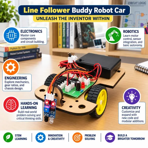 DIY_Line_Follower_Buddy_Robot_Car_with_Black_Line_Track_IR_Sensor_Based_Smart_Robotics_Science_Experiment_Project_Working_Model_STEM_Educational_Kit_for_School_Kids_and_Students