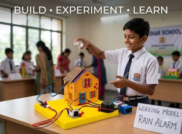 DIY_Rain_Alarm_Sensor_Kit_Paper_House_Science_Project_Working_Model_STEM_Electronics_Experiment_with_Buzzer_for_Students_Class_6-12_School_Exhibition