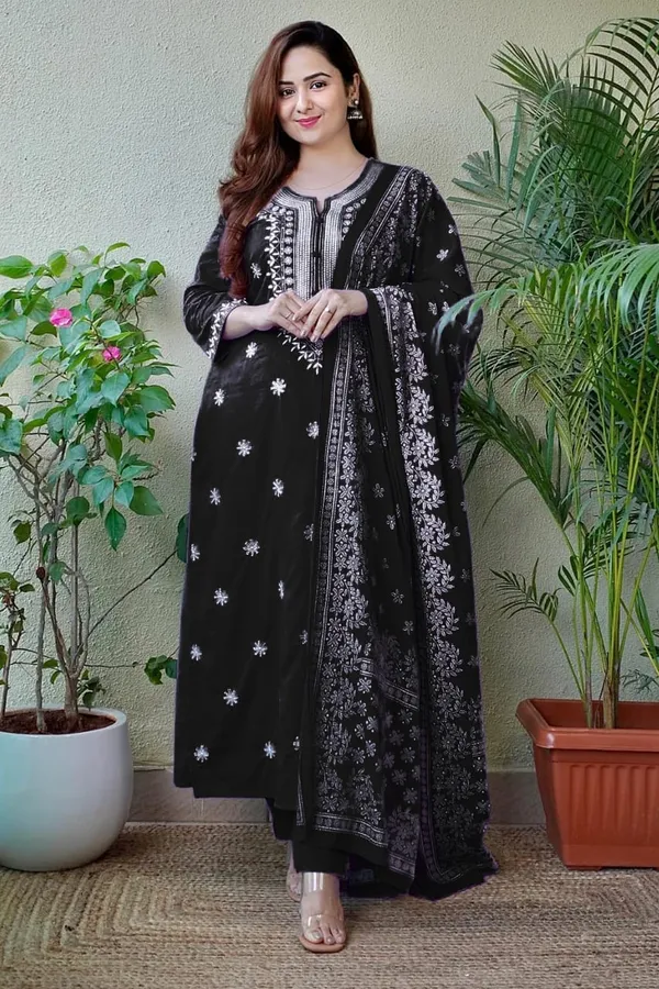Black_Rayon_Embroidered_Kurta_With_Pant_Dupatta_Set_For_Women