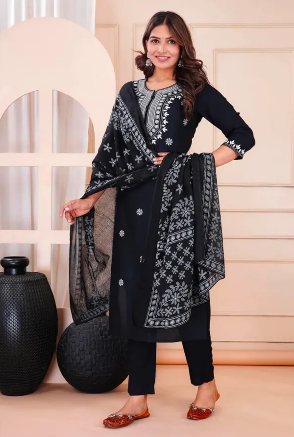 Black_Rayon_Embroidered_Kurta_With_Pant_Dupatta_Set_For_Women