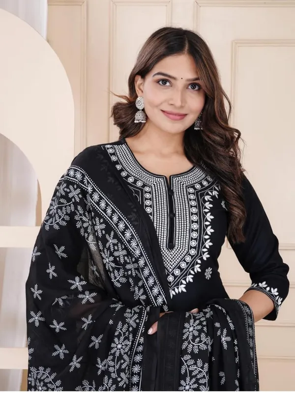 Black_Rayon_Embroidered_Kurta_With_Pant_Dupatta_Set_For_Women