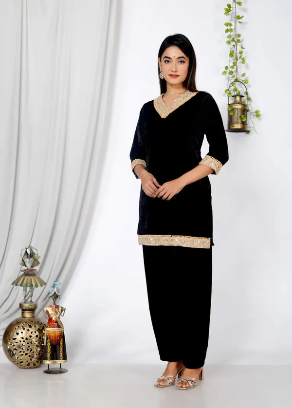 Black_Velvet_Embroidered_Kurti_With_Pant_Set_For_Women